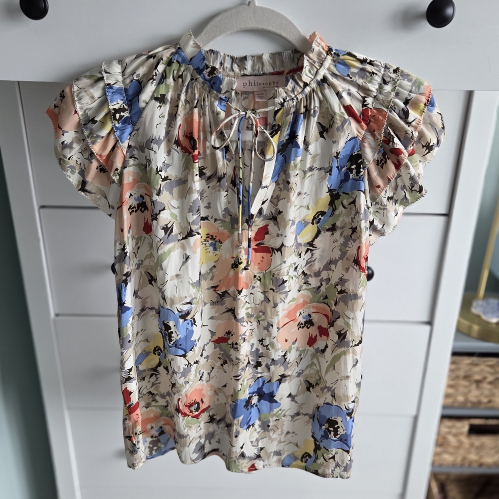Philosophy Floral Tie-Neck Ruffle Sleeve Cream with Blue, Coral, Yellow New XS